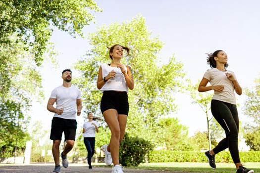 Group of young multiracial happy people doing jogging in the morning at the park - Multiethnic friends train in daytime running in nature together - Healthy habits for a better life - Focus on blonde