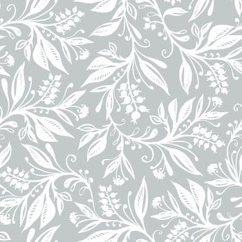 Floral seamless pattern with leaves and berries in grey and white. Hand drawing watercolor. Background for title, image for blog, decoration. Design for wallpapers, textiles, fabrics.