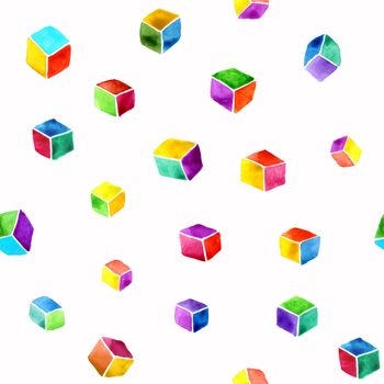 Abstract watercolor seamless pattern of multicolored cubes on a white background. Hand drawing and digitized. Design for wallpaper, textile, fabric, bookend, wrapping.