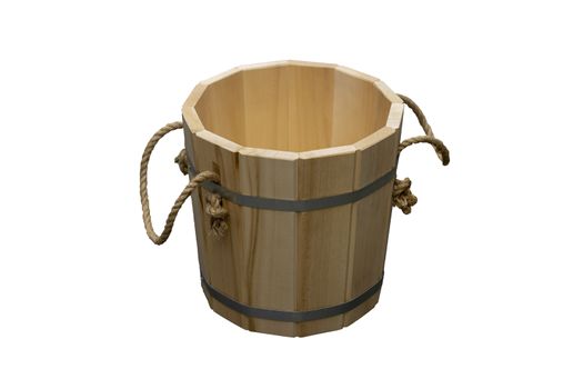 A wooden bucket with rope handles. They're going against a white background. Front view