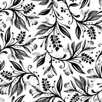 Floral seamless pattern with leaves and berries in grayscale. Hand drawing. Background for title, blog, decoration. Design for wallpapers, textiles, fabrics.