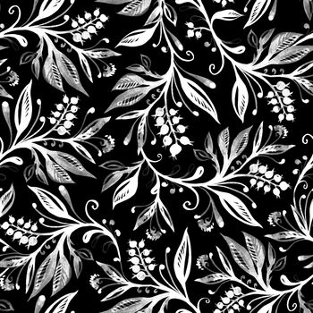 Floral seamless pattern with leaves and berries in greyscale on black background. Hand drawing. Background for title, blog, decoration. Design for wallpapers, textiles, fabrics.