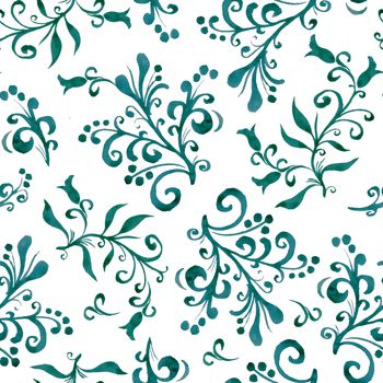 Floral seamless pattern with leaves and berries in green blue color, on a white. Hand drawing. Background for title, blog, decoration. Design for wallpapers, textiles, fabrics.