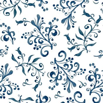 Floral seamless pattern with leaves and berries. Hand drawing. Background for title, blog, decoration. Design for wallpapers, textiles, fabrics..