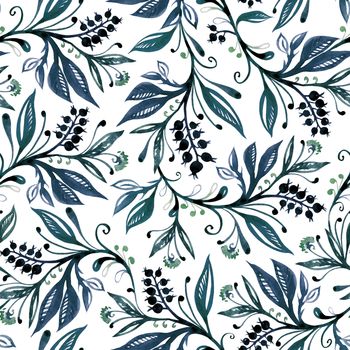 Floral watercolor seamless pattern with leaves and berries in green and blue colors on white background. Hand drawing and digitized. Design for wallpaper, textile, fabric, bookend, wrapping.