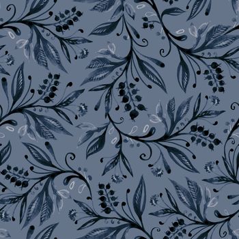 Floral seamless pattern with leaves and berries. Hand drawing. Background for title, blog, decoration. Design for wallpapers, textiles, fabrics.