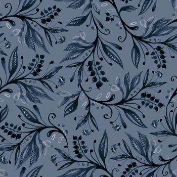 Floral seamless pattern with leaves and berries. Hand drawing. Background for title, blog, decoration. Design for wallpapers, textiles, fabrics.
