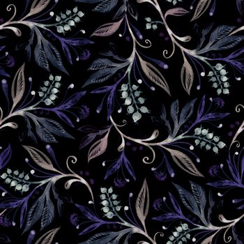 Floral seamless pattern with leaves and berries in purple and beige on black. Hand drawing watercolor. Background for title, image for blog, decoration. Design for wallpapers, textiles, fabrics.