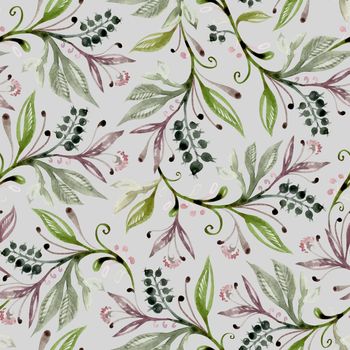 Floral watercolor seamless pattern with leaves and berries in green and broun colors. Hand drawing. Background for title, image for blog, decoration. Design for wallpapers, textiles, fabrics.