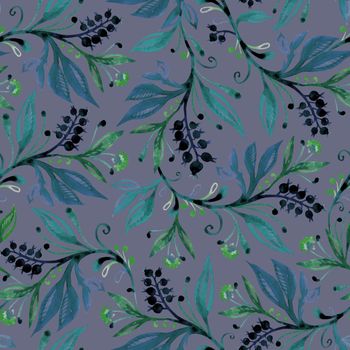 Floral seamless pattern with leaves and berries in green and blue colors on light purple background. Hand drawing watercolor. Background for title, image for blog, decoration. Design for wallpapers, textiles, fabrics.
