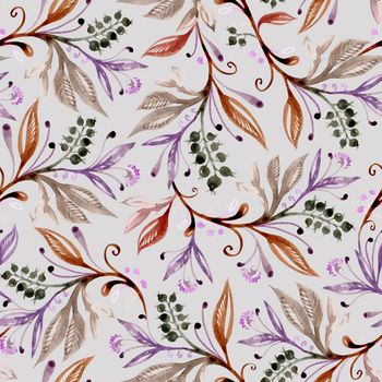 Floral watercolor seamless pattern with leaves and berries in brown, green and purple colors on light gray background, hand-drawn illustration. Background for title, image for blog, decoration. Design for wallpapers, textiles, fabrics.