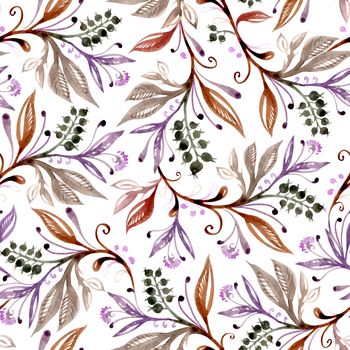 Floral watercolor seamless pattern with leaves and berries in brown, green and purple colors on white background. Hand drawing. Background for title, image for blog, decoration. Design for wallpapers, textiles, fabrics.