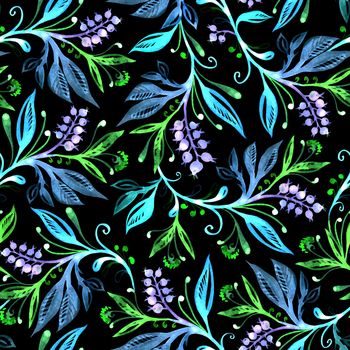 Floral seamless pattern with leaves and berries on a black background. Hand drawing and digitized. Design for wallpaper, textile, fabric, bookend, wrapping.