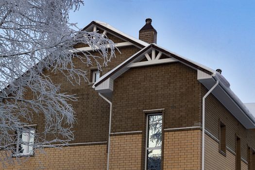 brick house and birch branches in winter.