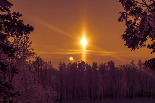 Sunset in Siberia. View of the Ob River. Front View.