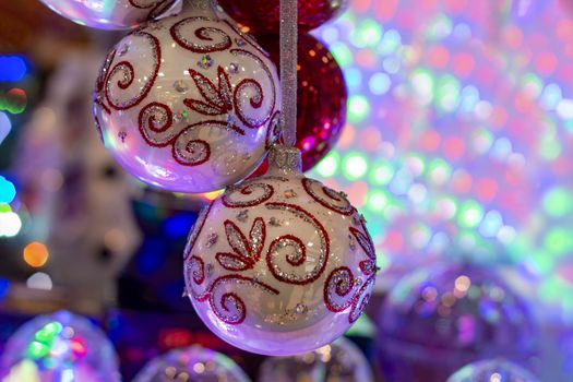 Holiday. New Year decoration and Holiday event. Balls white.