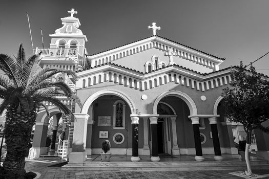 the orthodox church in the town of Argostoli on the island of Kefalonia in Greece, monochrome