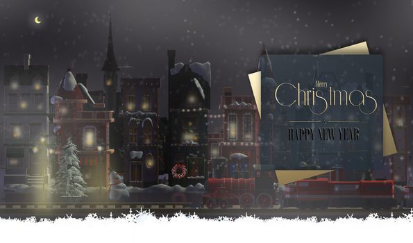 Christmas cityscape abstract card. Magic night in 3D render. Horizontal Xmas design, Text Merry Christmas and Happy New year