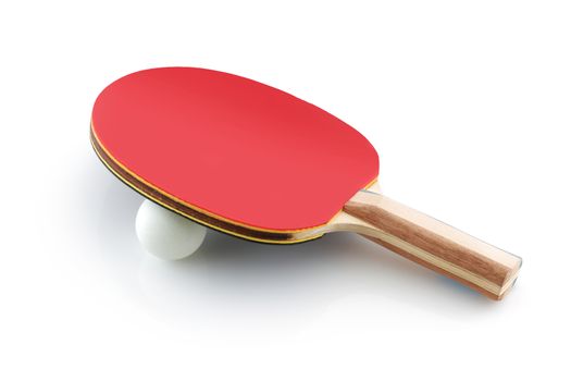 A table tennis bat ping pong paddle with ball on white