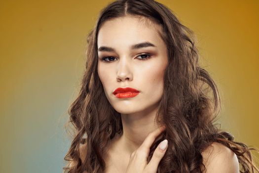 Beautiful glamor woman nude shoulders hairstyle red lips studio. High quality photo