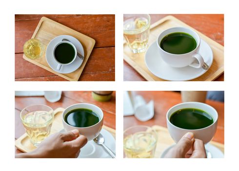 Set of hot matcha (green tea) in white ceramic cup served on wooden tray on table in cafe and coffee shop. Healty beverages of japan for reduce sugar in blood.