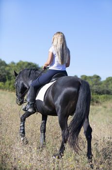  riding girl are training her black horse