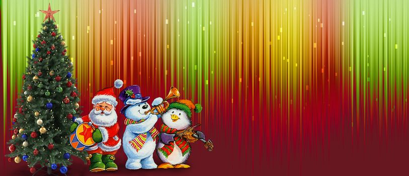 Beautiful Christmas card with a Christmas tree, Santa Claus and snowmen playing musical instruments. Bright rainbow background with sparks. Copy space