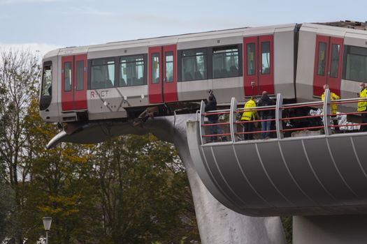 Spijkenisse,Holland,02-nov-2020:a metro has been shot through the buffer at the station de akkers in Spijkenisse in the Netherlands, no injuries were reported