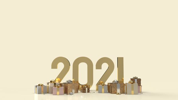 The gold 2021 text and gift box for new year content 3d rendering.