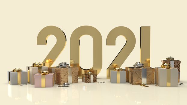 The gold 2021 text and gift box for new year content 3d rendering.