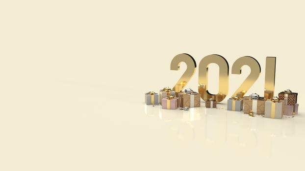 The gold 2021 text and gift box for new year content 3d rendering.