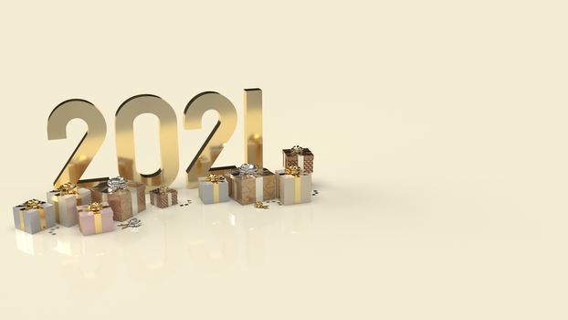 The gold 2021 text and gift box for new year content 3d rendering.