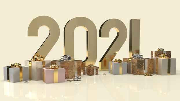 The gold 2021 text and gift box for new year content 3d rendering.