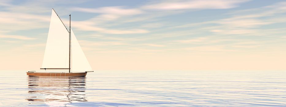 Small sailing boat on the ocean by sunset - 3D render