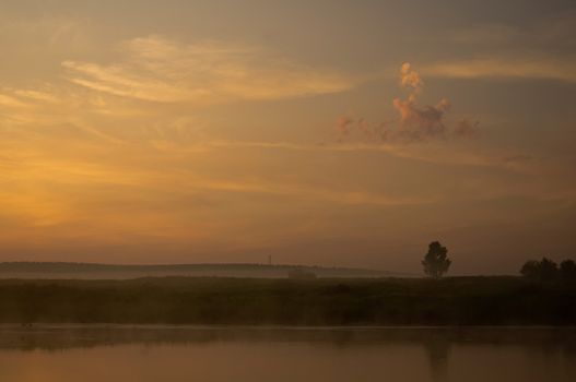 Lake at sunset, coastal grass and trees. The light of the sunset above the water.