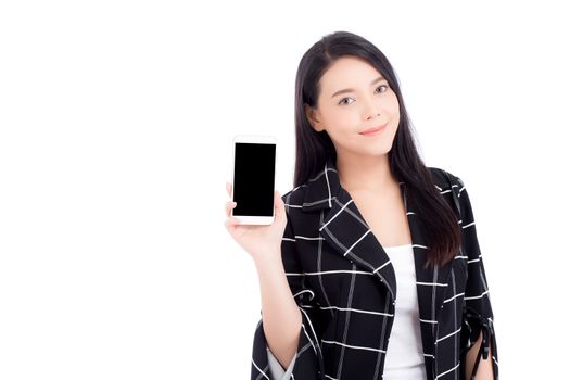 Beautiful of portrait woman with smile and happy showing smart mobile phone isolated on white background, presenter holding telephone, communication concept.