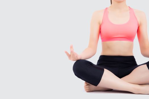 Beautiful portrait young asian woman sitting yoga, asia girl health care with workout fitness relaxing with active exercise isolated on white background, healthy and wellbeing concept.