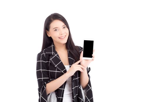 Beautiful of portrait woman with smile and happy showing smart mobile phone isolated on white background, presenter holding telephone, communication concept.