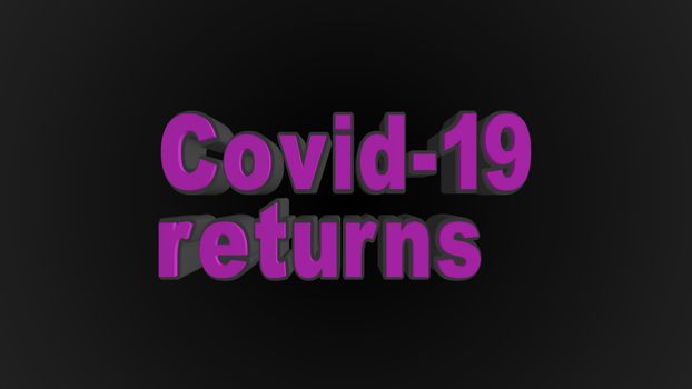 Spectacular volumetric text, 3D illustration, "Covid-19 returns". The pandemic has resumed worldwide. Showy letters on a black background. For your projects, for information on social networks, for bloggers.
