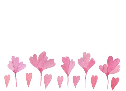 Hand-drawn watercolor flowers and hearts isolated on white background. Wedding or Valentine's template.