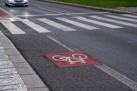 The bicycle sign painted on the asphalt on the city