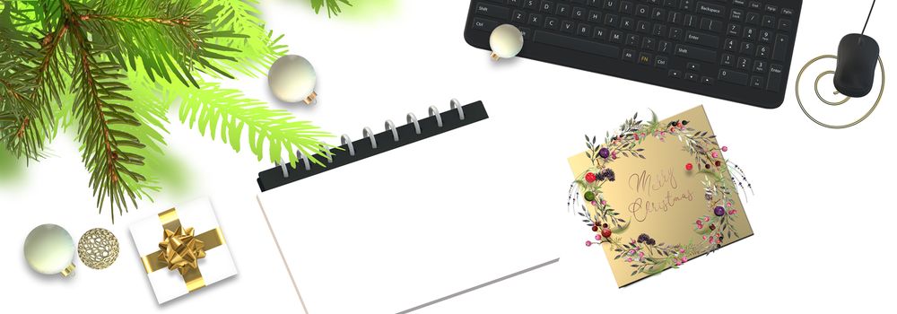 Christmas New Year mock with computer keyboard, notebook, Xmas decorations on white background. Text on gold gift tag Merry Christmas. Horizontal 3D illustration. Mock up. Place for text. Copy space