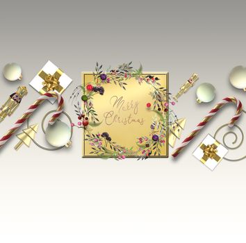 Christmas symbols for invitation card. Golden Xmas symbols, balls, Xmas gift boxes, wreath on pastel white background. Text Merry Christmas Happy New Year. 3D illustration for header, web. Copy space.