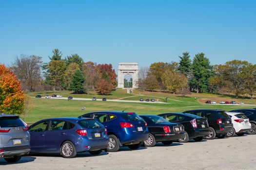 Looking Over a Parking Lot Full of Cars at the National Memorial Arch at Valley Forge National Historical Park