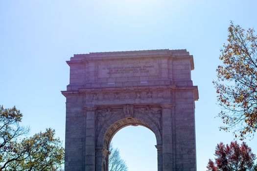 The National Memorial Arch at Valley Forge National Historical Park With the Sun Shining Brightly Behind It