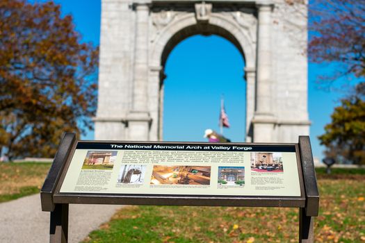 The Informational Sign at the National Memorial Arch at Valley Forge With the Arch Behind It