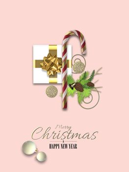 Christmas pink background. Xmas symbols Xmas gift box, candy cane, fir on pink background. Text Merry Christmas. Flat lay. 3D illustration