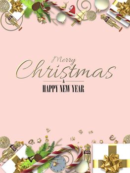 Holiday Christmas card on pink. Set of 3D realistic Xmas symbols Xmas gift boxes, fir, confetti on pink background. Flat lay. Gold text Merry Christmas Happy New Year. 3D illustration