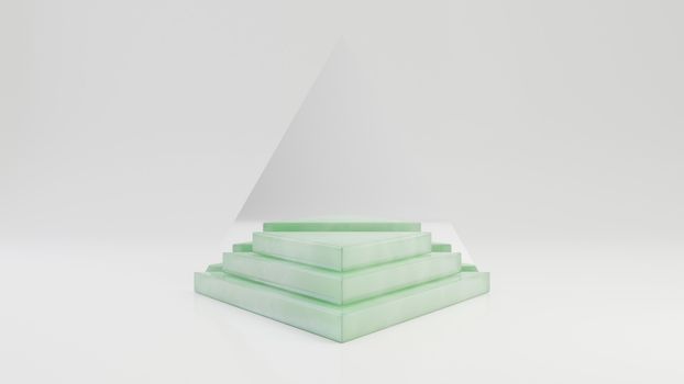 Triangle jade pedestal steps with mirror isolated on white background. 3d rendered minimalistic abstract background concept for product placement.
