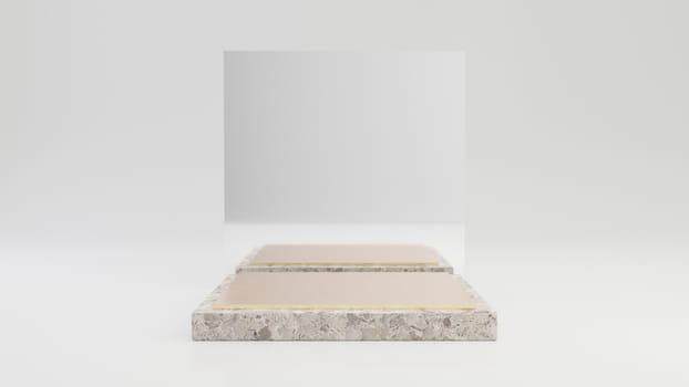 Stone marble podium with gold top isolated on white background. 3d rendered minimalistic abstract background concept for product placement.